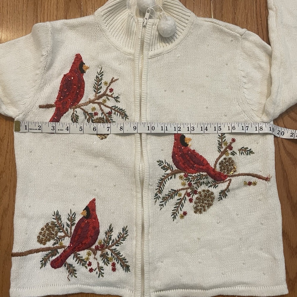 Tiara International Sweater Jacket Women M P  Ivory Cotton Knit‎ Sequin Full-Zip - Picture 8 of 11